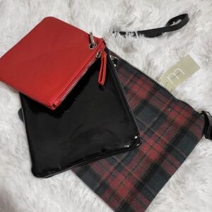 💕 NWT! Maurices Black Red Plaid Zipper 3 piece Travel Pouch Wristlets set $20